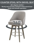 Pearce Swivel Upholstered Counter Stool with Solid Wood Legs & Metal Footrest