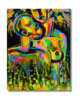 A colorful abstract painting of two embracing figures, rendered in vivid yellow, green, blue, pink, and black brushstrokes, shown as a rectangular canvas against a light gray background.