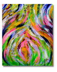 An abstract canvas painting featuring vibrant, swirling brushstrokes of green, pink, yellow, orange, purple, and blue, presented on a clean white background with a subtle drop shadow.