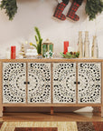 Carved sideboard with natural brown frame and white carved doors