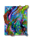 Abstract painted artwork in the shape of Oregon, featuring swirling brushstrokes of blue, green, pink, purple, brown, and turquoise on a white background.