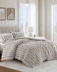 Madison Park Jasmine Faux Fur Comforter Set — Light Gray, full bed view