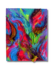 An abstract painting on canvas featuring vibrant, textured brushstrokes of red, blue, purple, green, and yellow, presented against a clean white background.