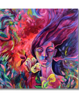 A colorful abstract painting of a woman's face with flowing hair, surrounded by vivid floral and brushstroke elements in pink, purple, red, blue, green, and yellow, shown as a square art print on a white background.