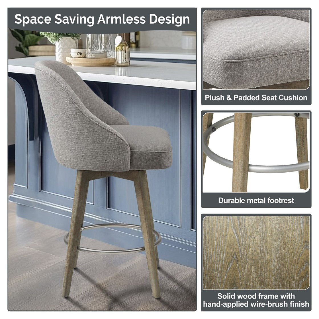 Pearce Swivel Upholstered Counter Stool with Solid Wood Legs &amp; Metal Footrest