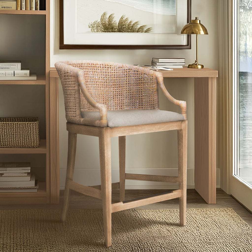 Playa Handcrafted Rattan &amp; Wood Counter Stool – Natural Whitewash front view