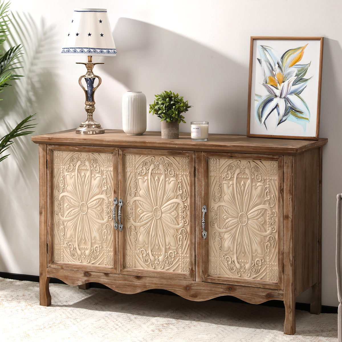 Natural wood Irim accent cabinet in a living room