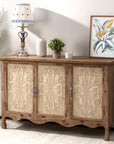 Natural wood Irim accent cabinet in a living room