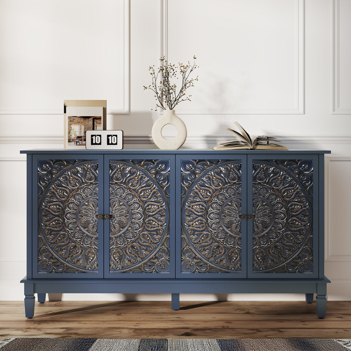 Blue carved sideboard with four floral-carved doors