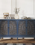 Blue carved sideboard with four floral-carved doors