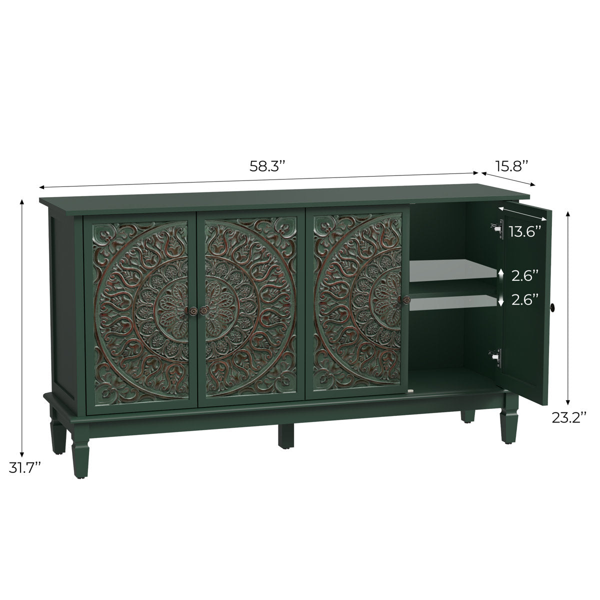 Carved sideboard dimensions: 58.3 in wide, 31.7 in high, 15.8 in deep