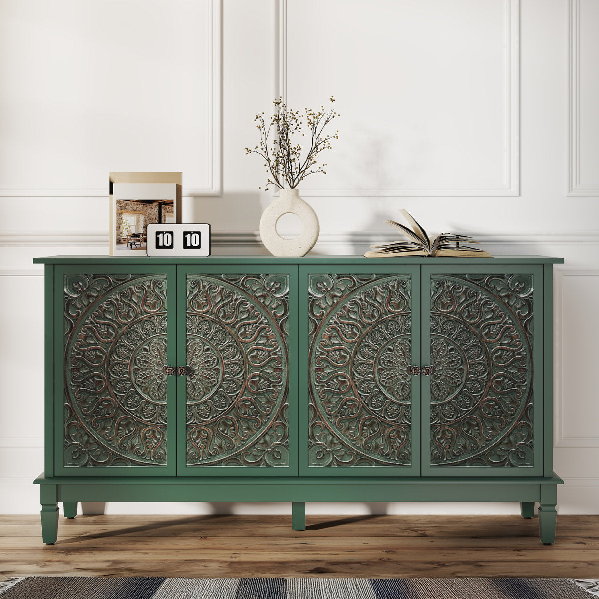 Green carved sideboard with four floral-carved doors