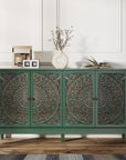Green carved sideboard with four floral-carved doors