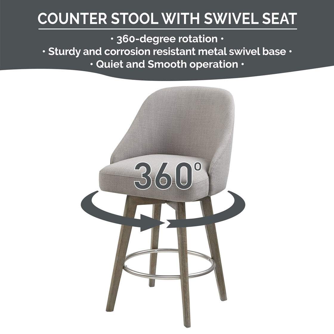Pearce Swivel Upholstered Counter Stool with Solid Wood Legs &amp; Metal Footrest