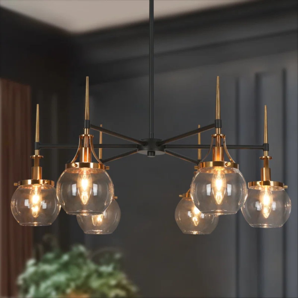 Mercer41 Loram 6-Light Dimmable Drum Chandelier – matte black and gold with glass globe shades