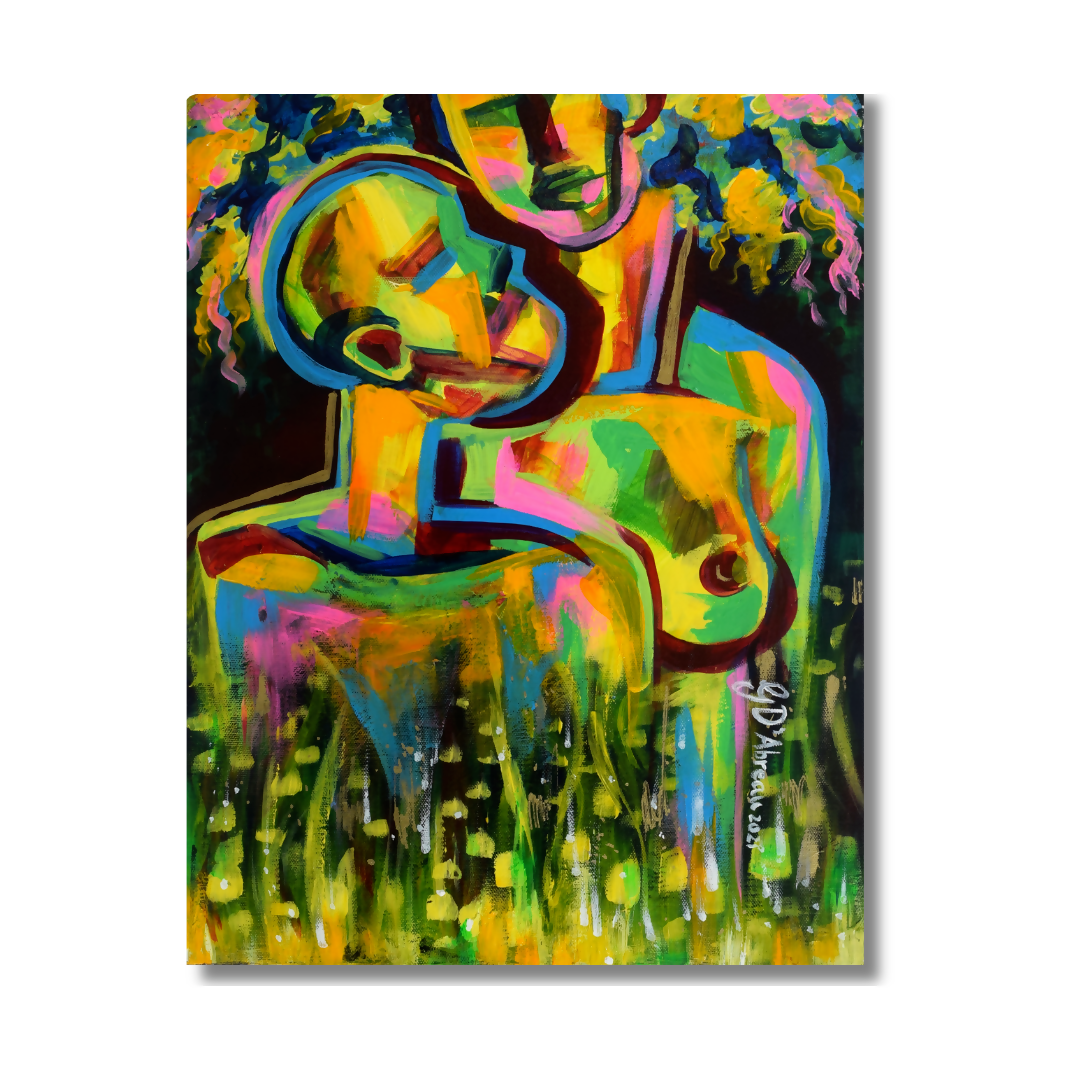 A colorful abstract painting of two embracing figures, rendered in vivid yellow, green, blue, pink, and black brushstrokes, shown as a rectangular canvas against a light gray background.