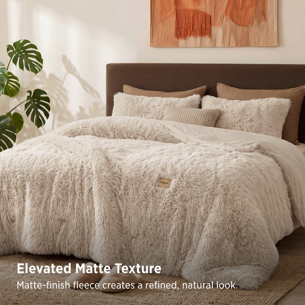 Beige faux fur comforter with elevated matte texture