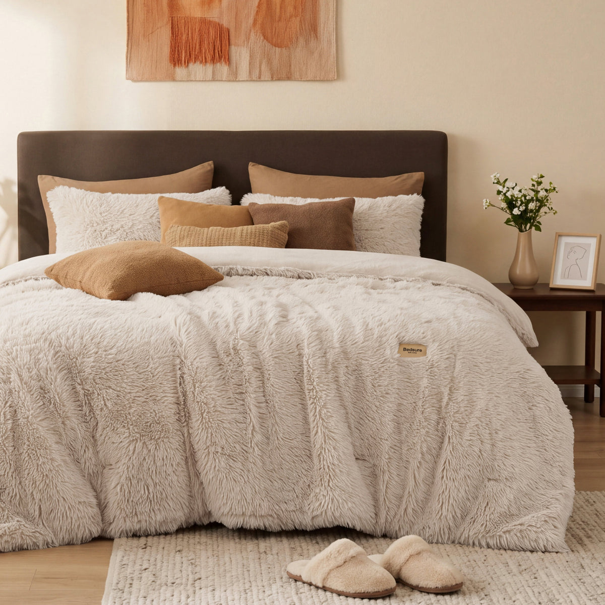 Beige plush faux fur comforter set on a bed