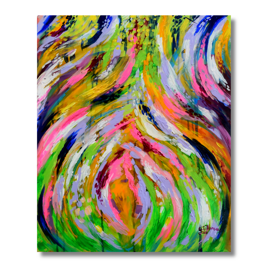 An abstract canvas painting featuring vibrant, swirling brushstrokes of green, pink, yellow, orange, purple, and blue, presented on a clean white background with a subtle drop shadow.