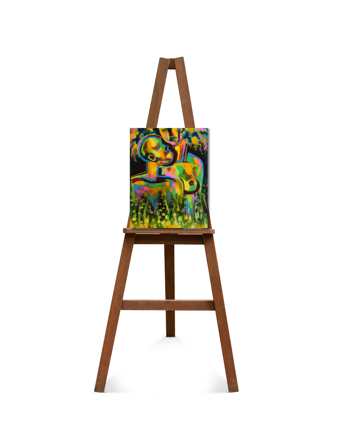 A colorful abstract canvas print featuring a stylized deer in bright neon colors, displayed on a wooden easel against a solid white background.