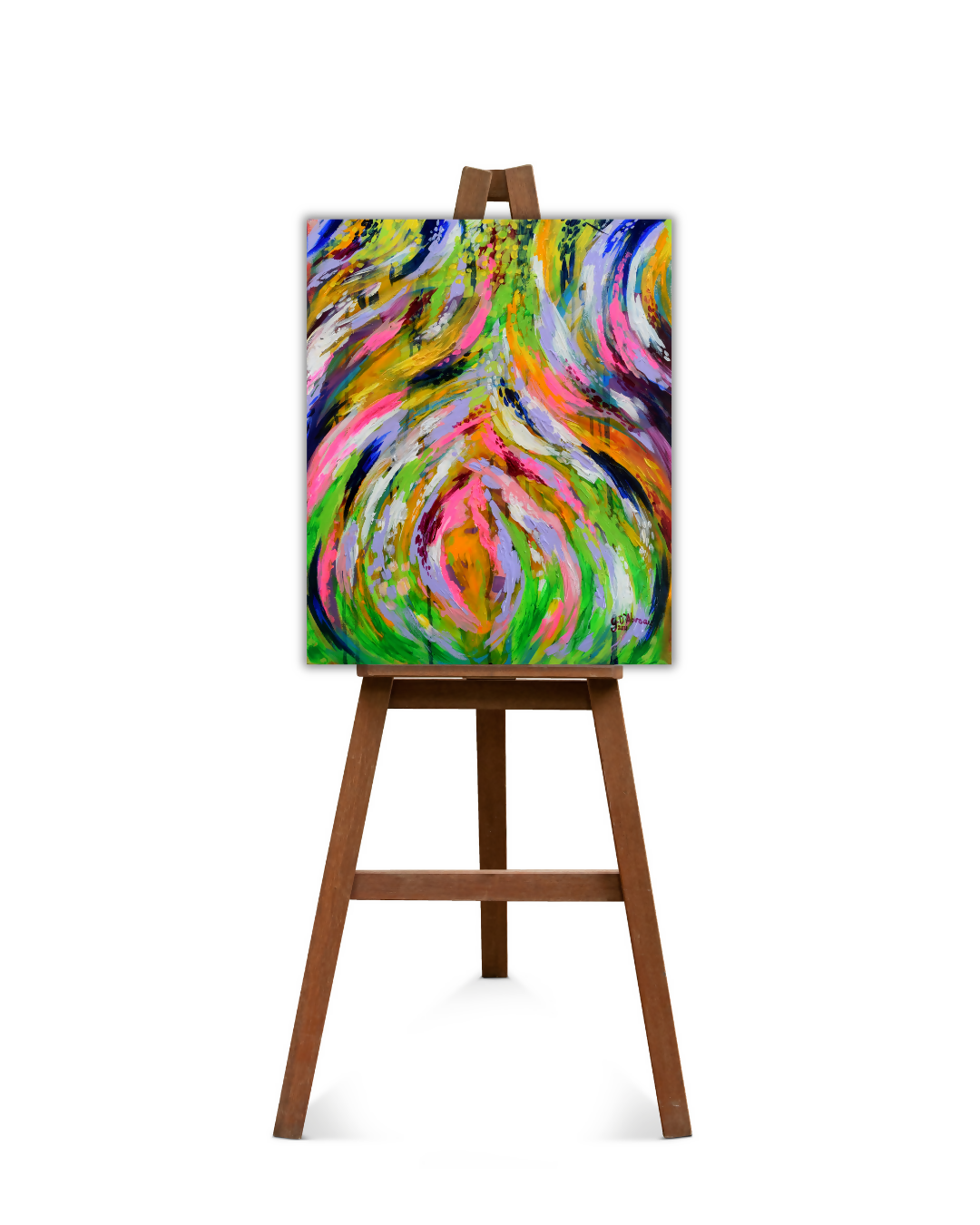 An abstract colorful painting displayed on a wooden easel against a plain white background.