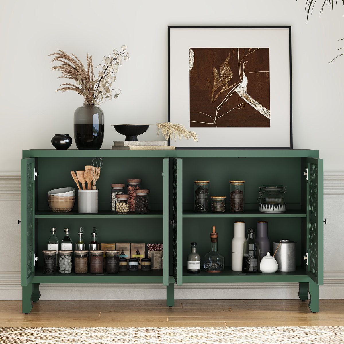 Carved green sideboard with doors open showing shelves