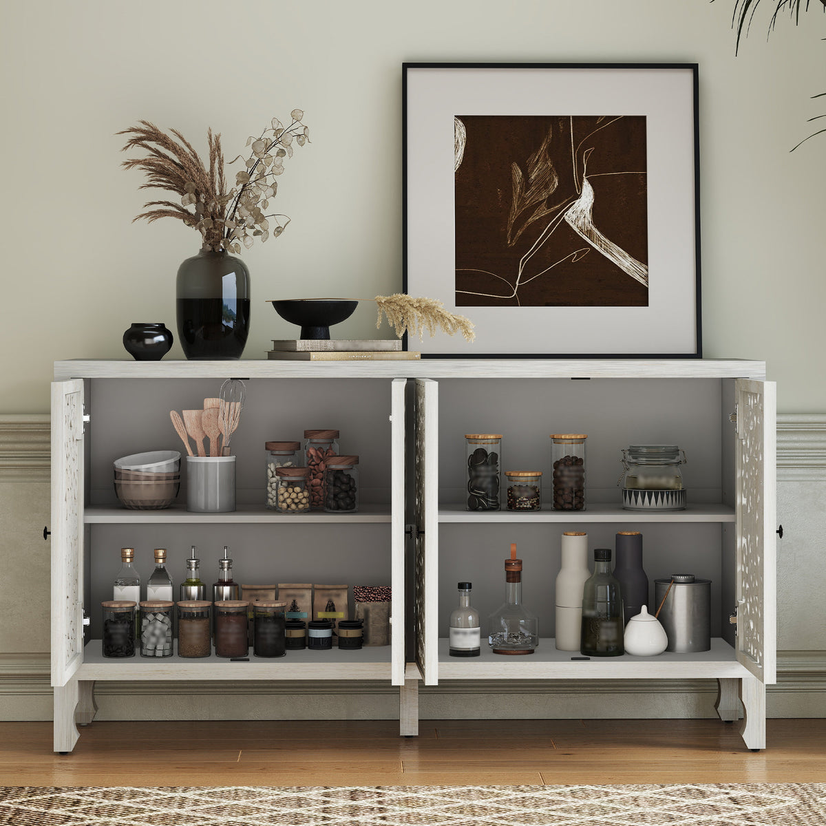 Carved white sideboard with doors open showing adjustable shelves