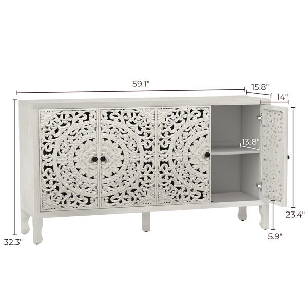 Carved white sideboard dimensions: 59.1 in wide, 32.3 in high, 15.8 in deep