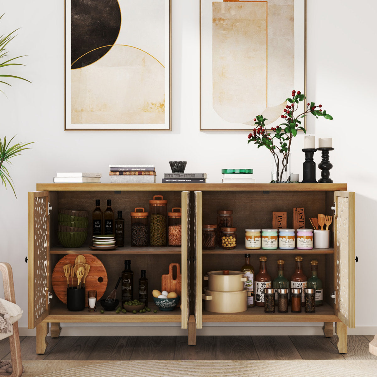 Natural brown and white carved sideboard with doors open showing shelves