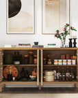 Natural brown and white carved sideboard with doors open showing shelves