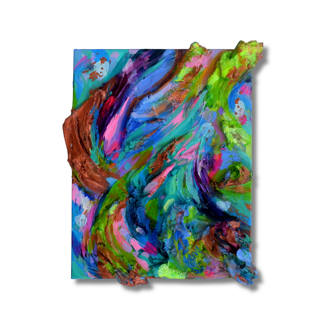 Abstract painted artwork in the shape of Oregon, featuring swirling brushstrokes of blue, green, pink, purple, brown, and turquoise on a white background.
