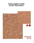 Two-sided yarn with herringbone pattern and text indicating 'Two-Sides Yarn Dyed Technics' and 'Herringbone'.