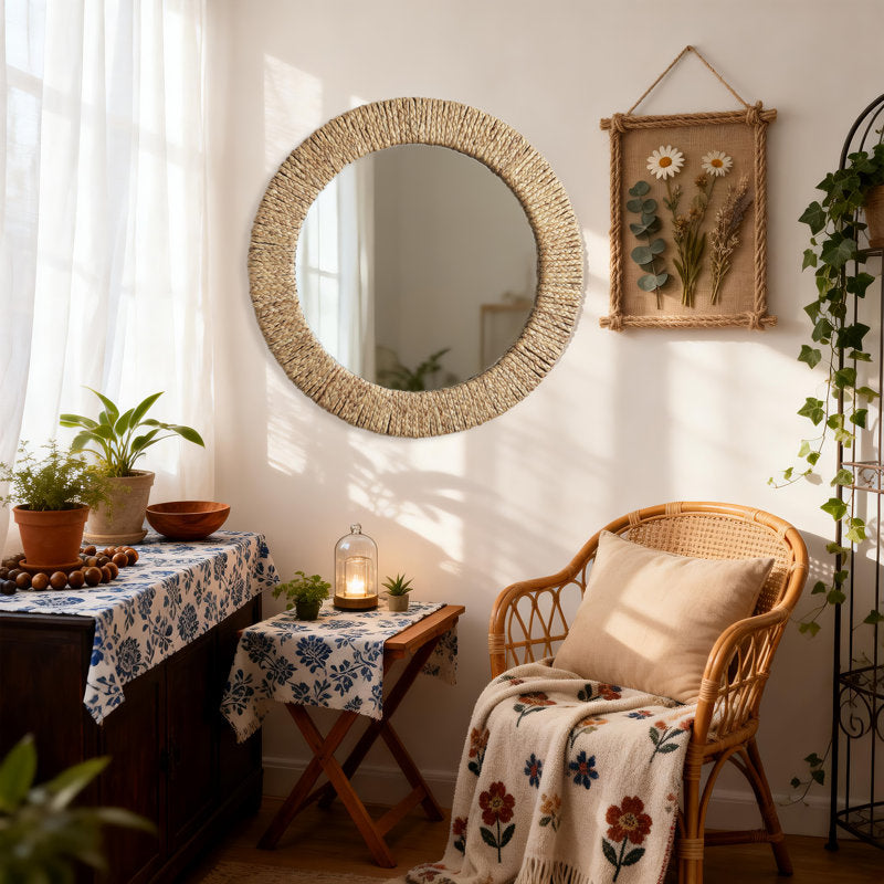 East Urban Home Handwoven Grass Round Wall Mirror - wall display