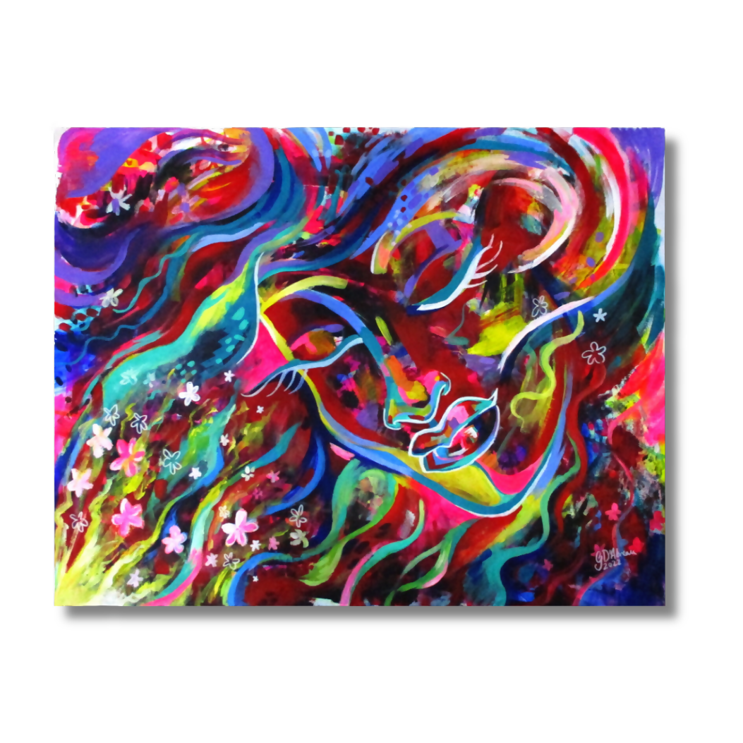 A square abstract canvas print featuring a vibrant, swirling composition of multiple bright colors including pink, blue, red, green, yellow, and purple, with small white flower-like marks. The canvas is shown against a plain white background with a subtle drop shadow on the right and bottom edges.