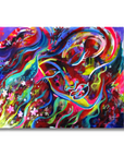 A square abstract canvas print featuring a vibrant, swirling composition of multiple bright colors including pink, blue, red, green, yellow, and purple, with small white flower-like marks. The canvas is shown against a plain white background with a subtle drop shadow on the right and bottom edges.