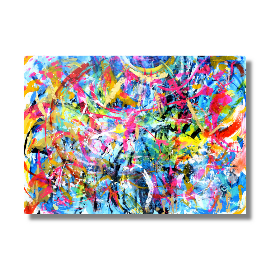 A square abstract canvas print featuring a vibrant, multicolored splatter and brushstroke pattern with shades of blue, pink, yellow, orange, and black, displayed against a clean white background with a subtle drop shadow.