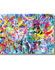 A square abstract canvas print featuring a vibrant, multicolored splatter and brushstroke pattern with shades of blue, pink, yellow, orange, and black, displayed against a clean white background with a subtle drop shadow.