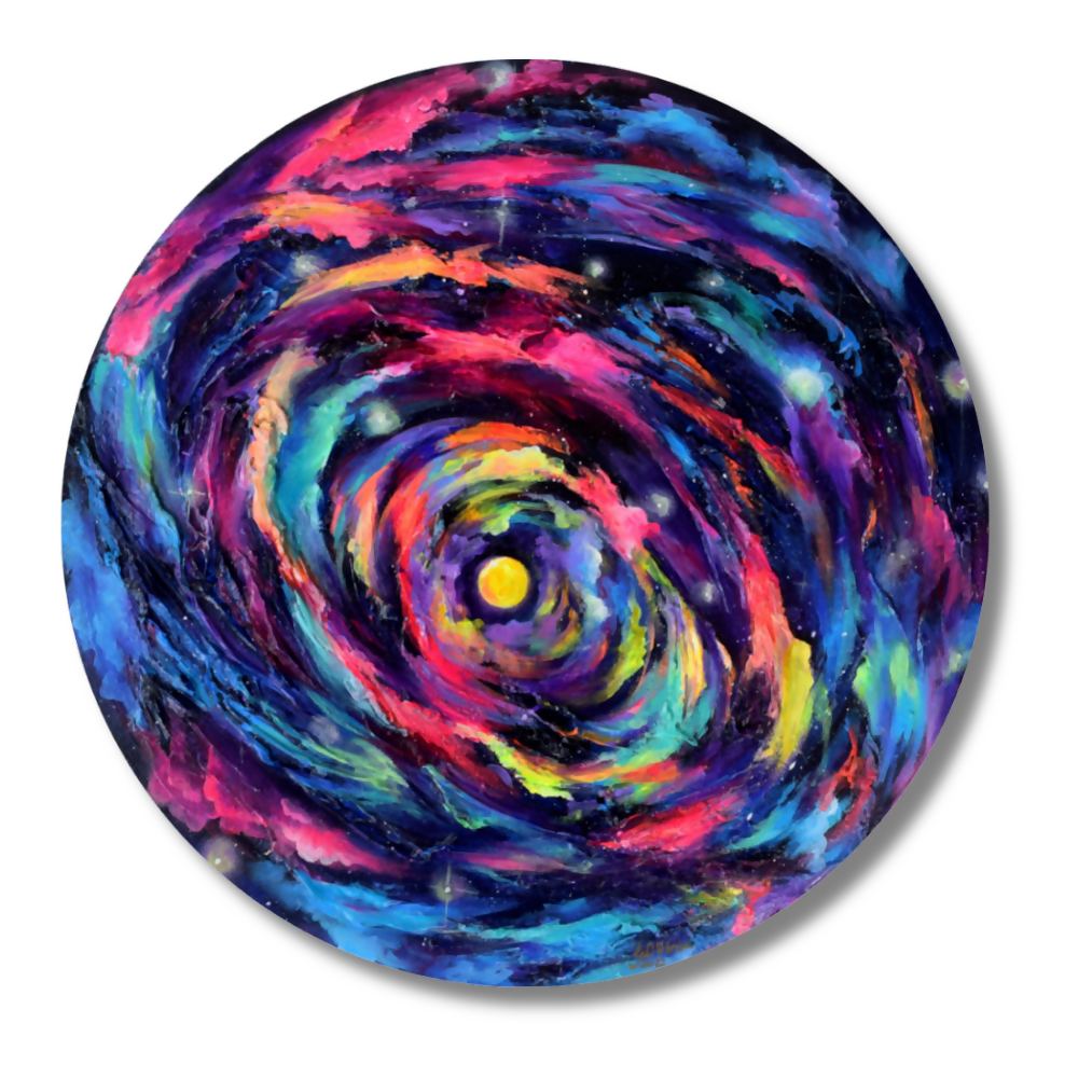 A circular canvas print featuring a vibrant, swirling galaxy design with a bright yellow center and cosmic swirls of blue, purple, pink, and orange, displayed on a clean white background.