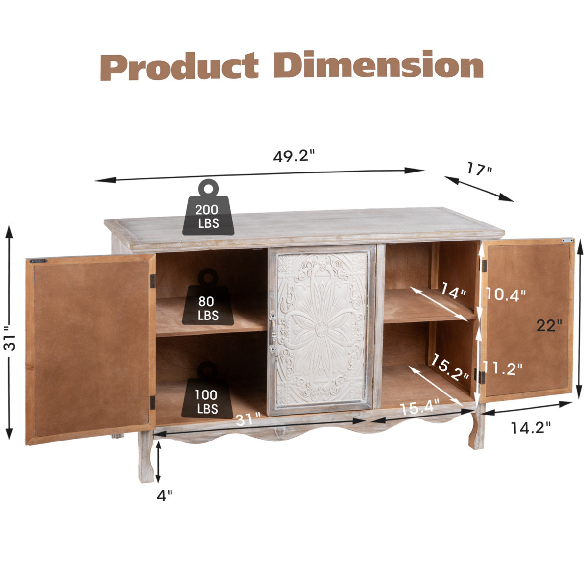 Irim accent cabinet dimensions: 49.2 in wide, 31 in high, 17 in deep