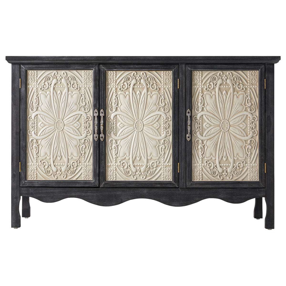 Black Irim accent cabinet with cream carved doors, front view