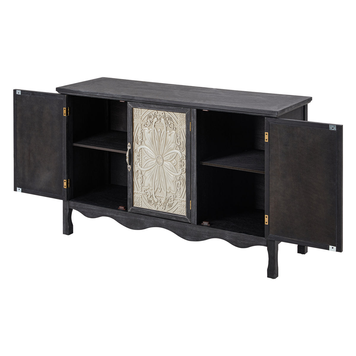 Black Irim accent cabinet with doors open showing shelves