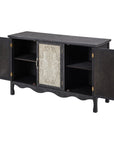 Black Irim accent cabinet with doors open showing shelves