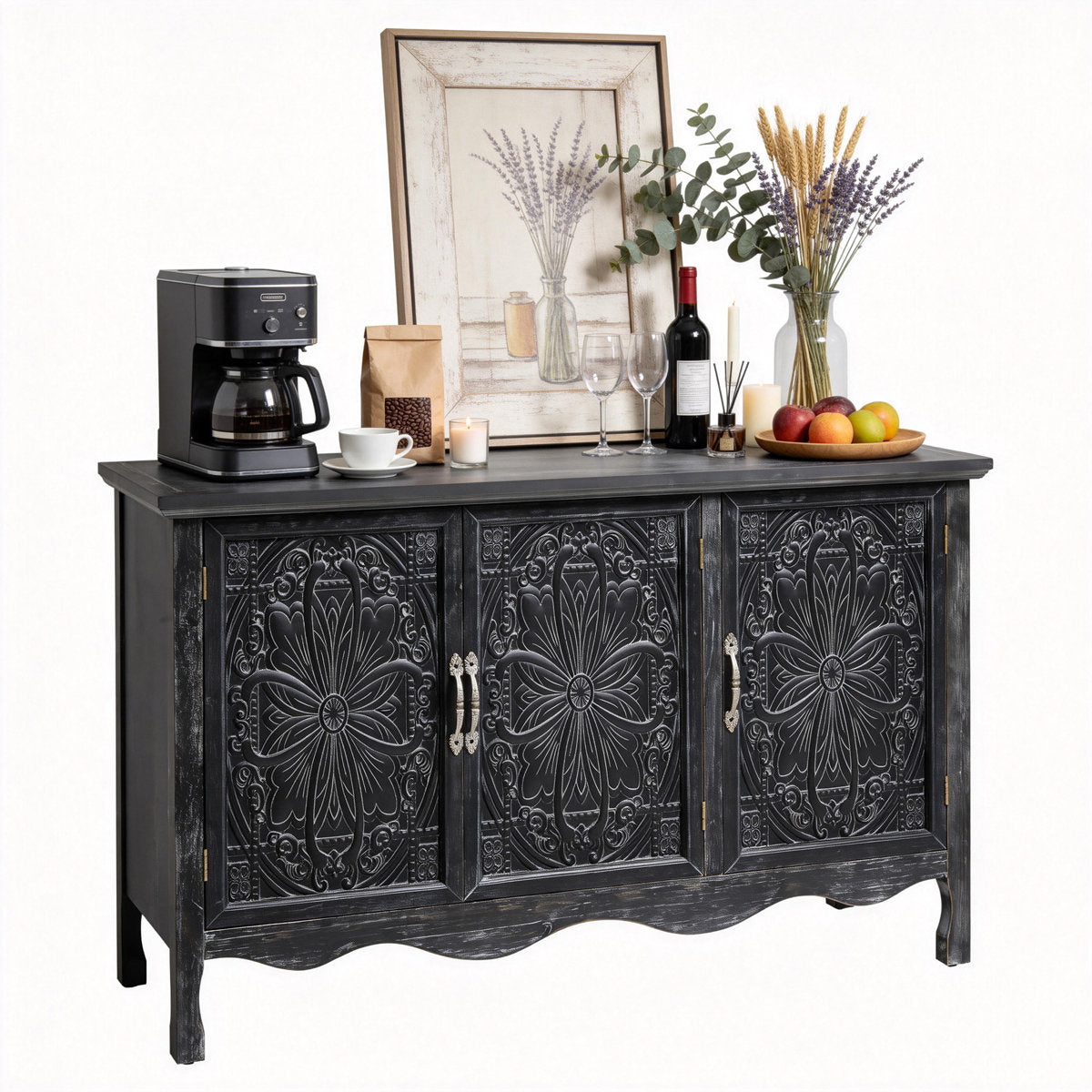 Distressed black Irim accent cabinet styled as a coffee bar