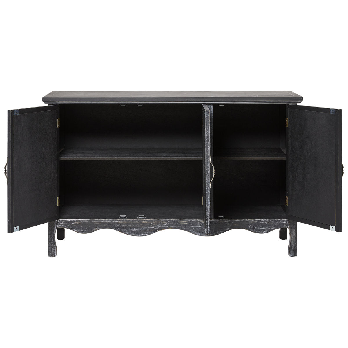 Distressed black Irim accent cabinet with doors open