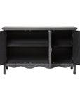 Distressed black Irim accent cabinet with doors open