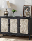 Black Irim accent cabinet with cream carved doors, styled with a lamp