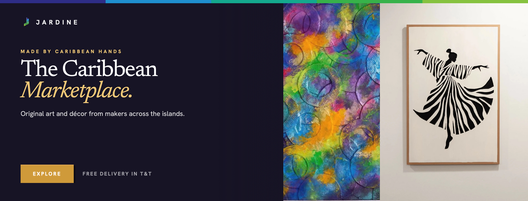 Jardine Caribbean Marketplace banner — the headline "The Caribbean Marketplace" with two hand painted artworks below: an abstract dancer in black and white by JDonuel, and a colourful sequinned abstract by Joy Luk Pat