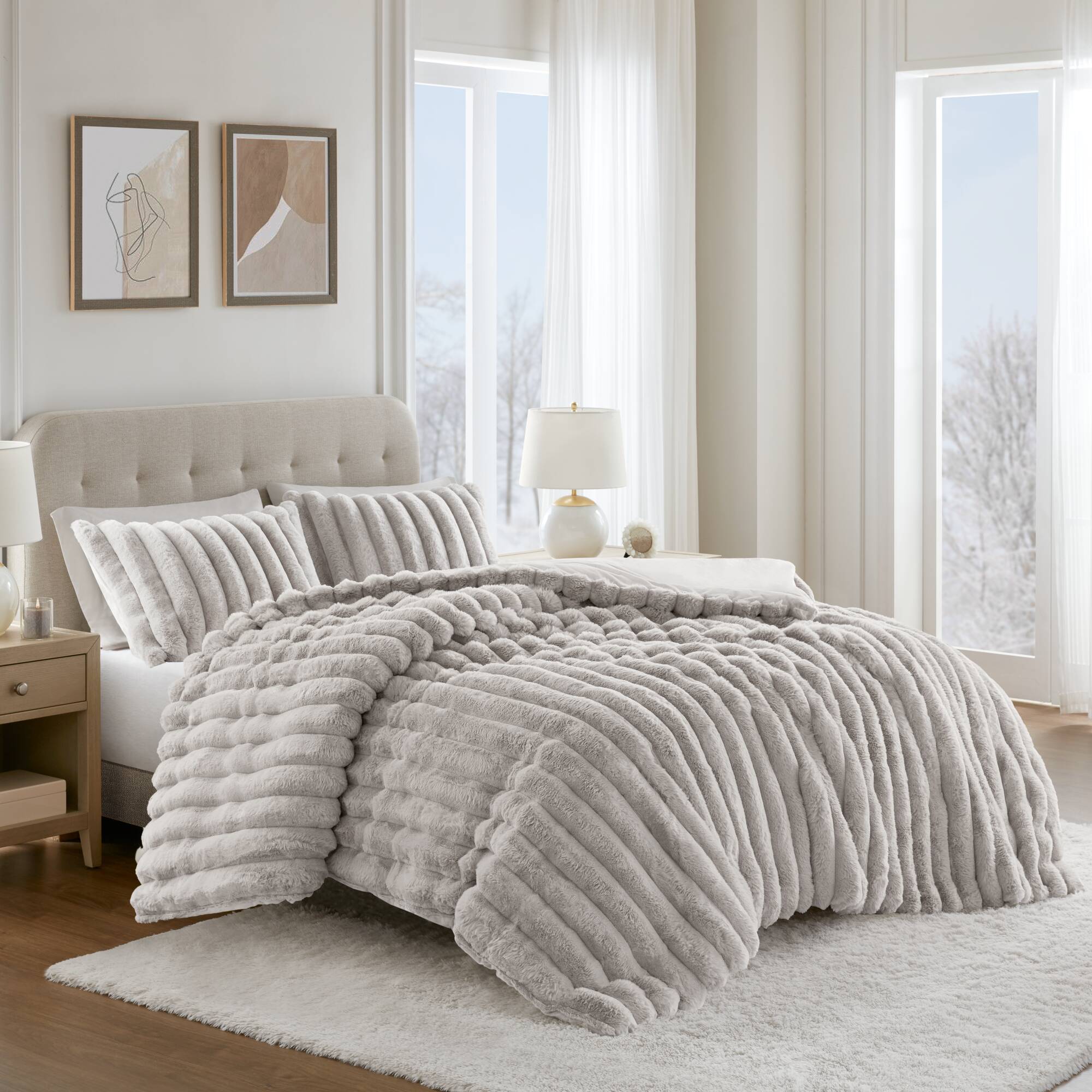 Madison Park Jasmine Faux Fur Comforter Set — Light Gray, full bed view