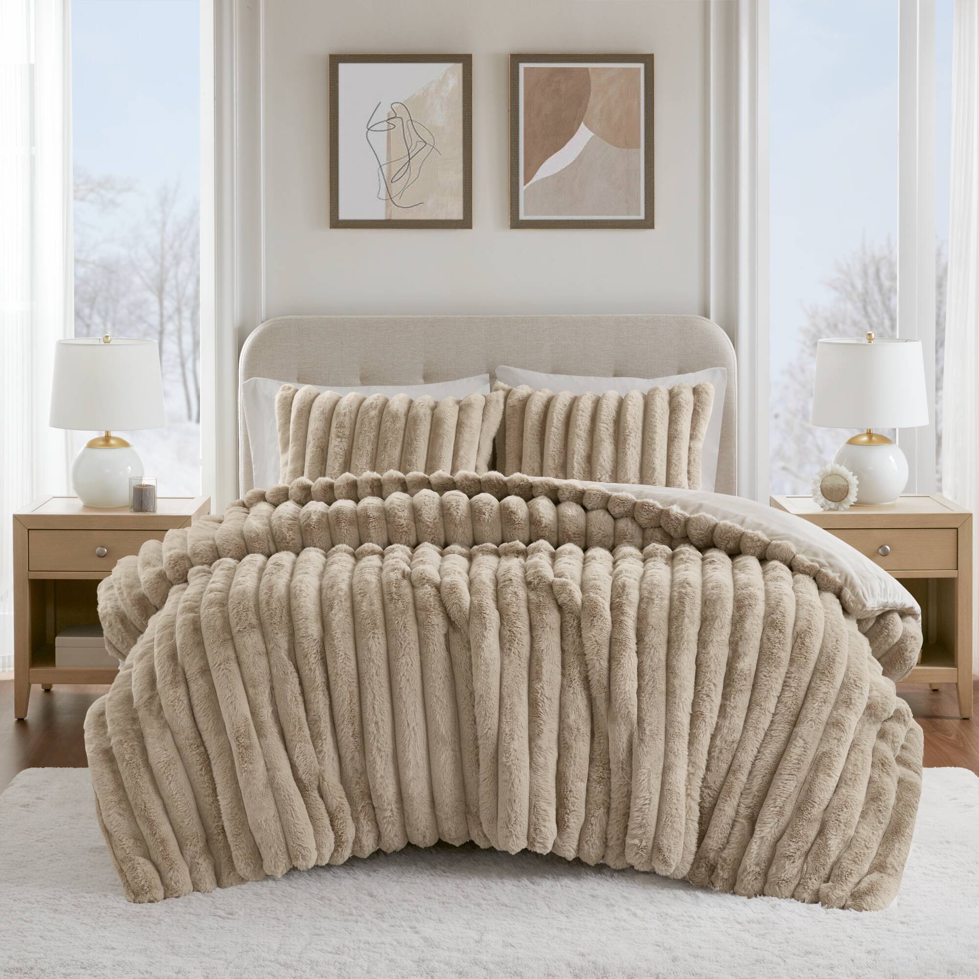 Madison Park Jasmine Faux Fur Comforter Set — Taupe, full bed view