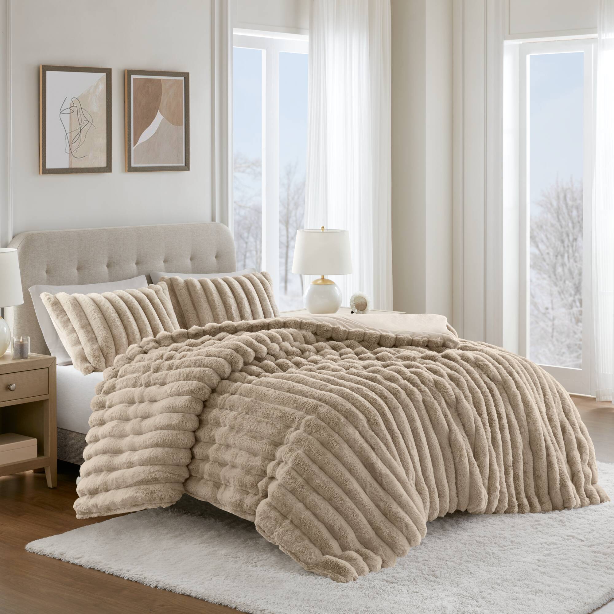Madison Park Jasmine Faux Fur Comforter Set — Taupe, detail close-up